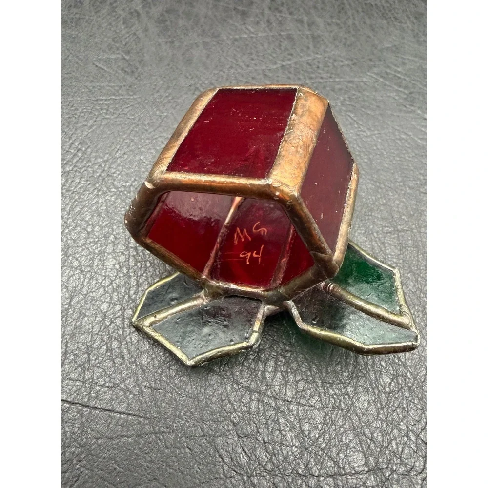 Vintage 1991 Signed Stained Glass Holly Berry Napkin Rings Set of 4 Christmas‎